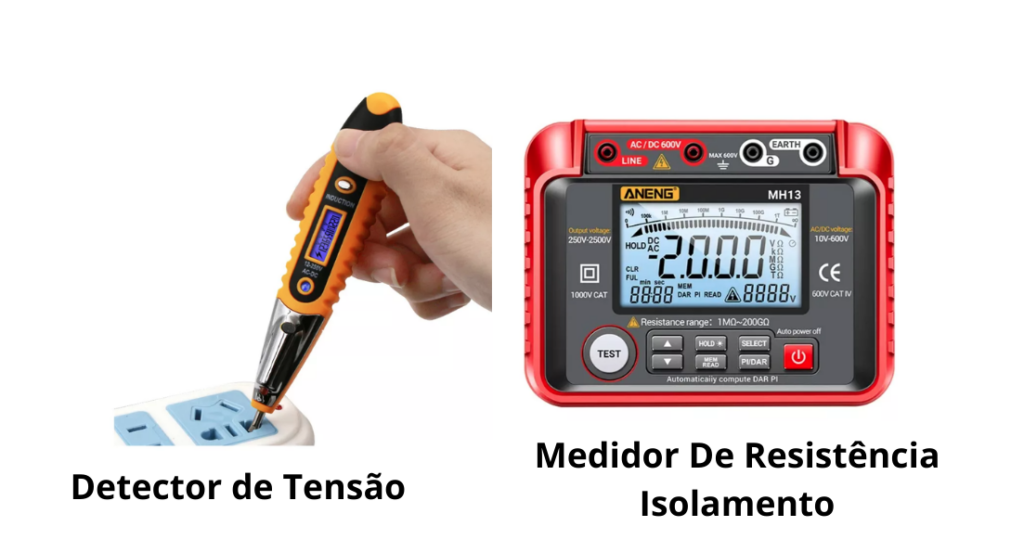 Testador de tensão sem contato sendo utilizado para medir a tensão elétrica de um fio, com foco na segurança do eletricista.